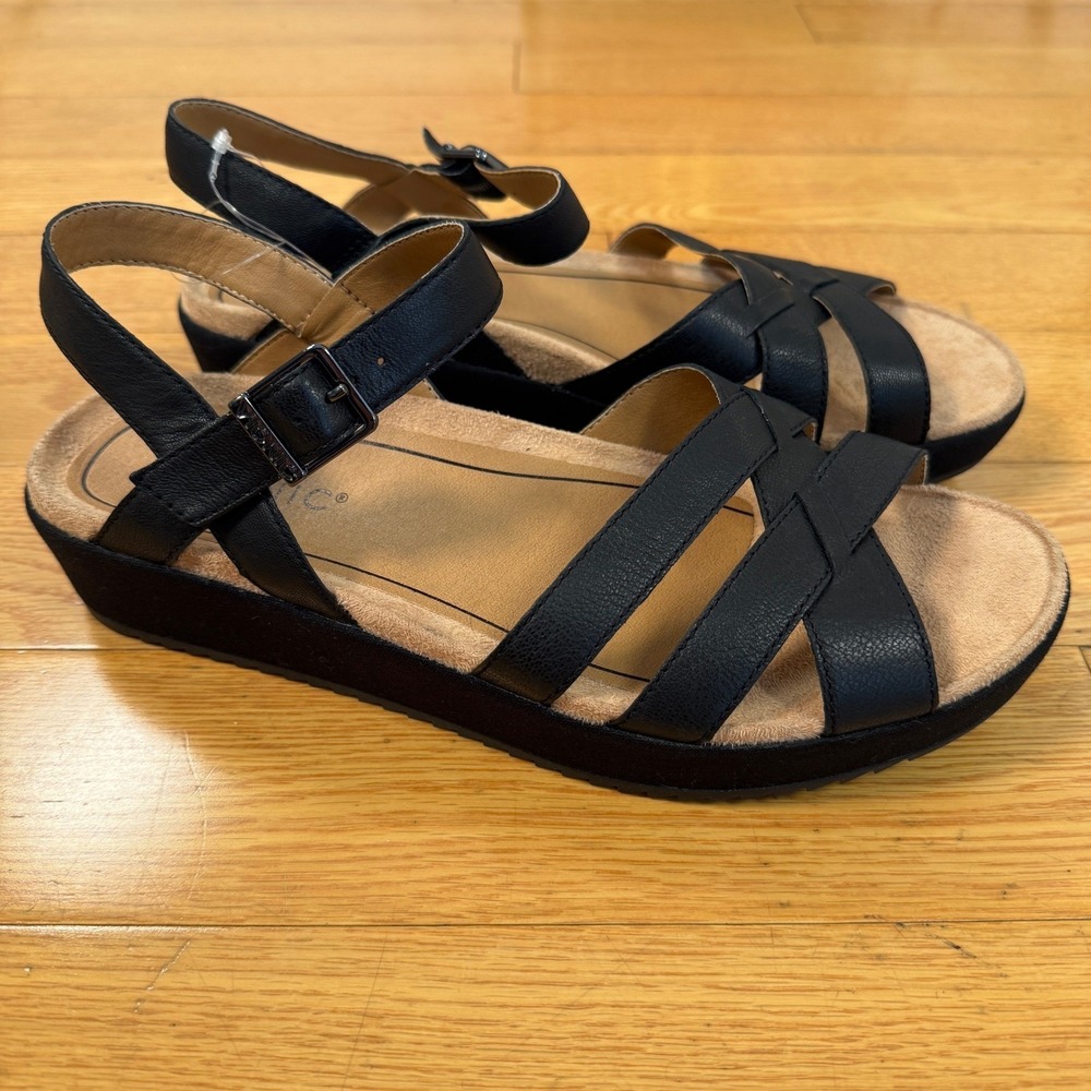 Vionic Violet Black Leather Strappy Wedge Sandals Platform Womens 10